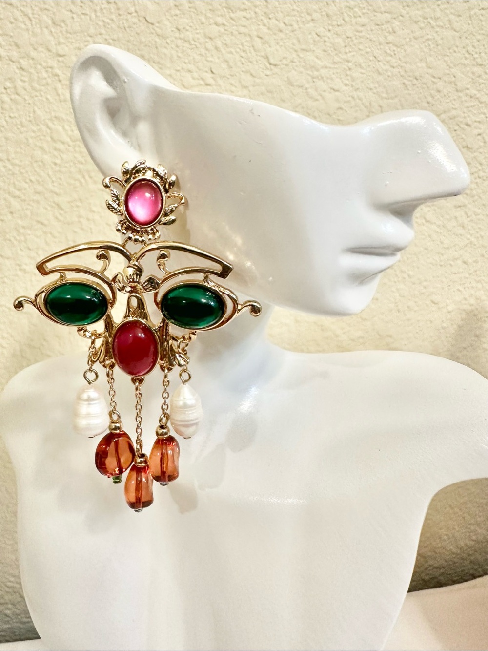 Gold-Plated Multi Gem Drop Earrings - Pink, Green, Red, Orange, Pearl